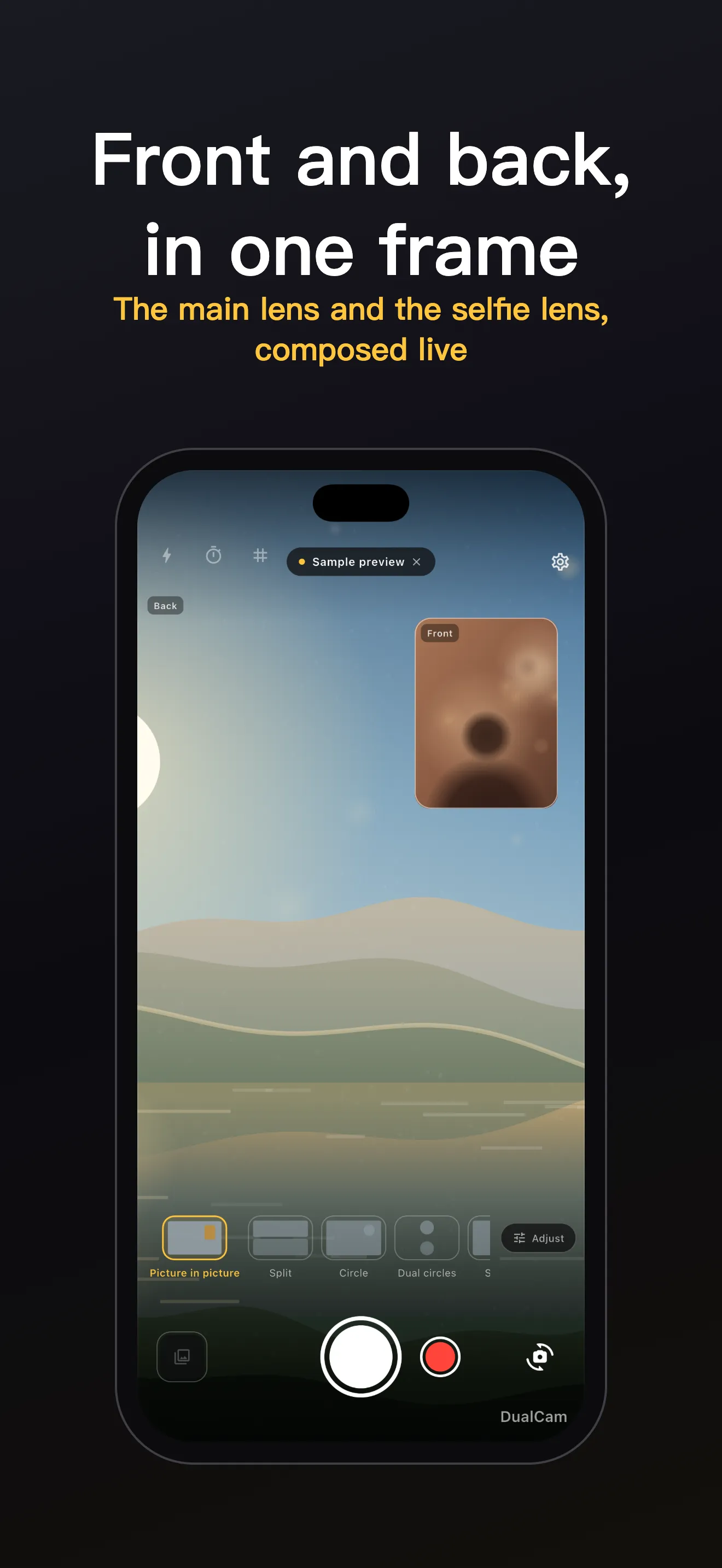 DualCam screen 1: dual-lens framing